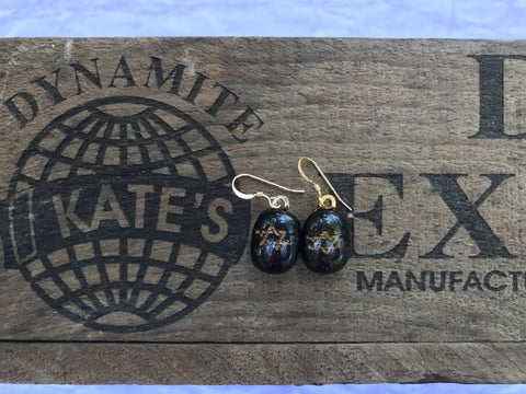Gold Woven Star of David on Blue iridescent Glass Earrings