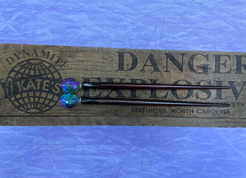 Faceted Oval Iridescent Blue Gold Crystal Brown Hair Sticks