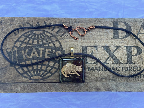 Gold Hunched Cat on Iridescent Glass Pendant