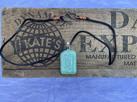 Green Purple Pink Orange Pebble Dichroic Glass on Green Pendant