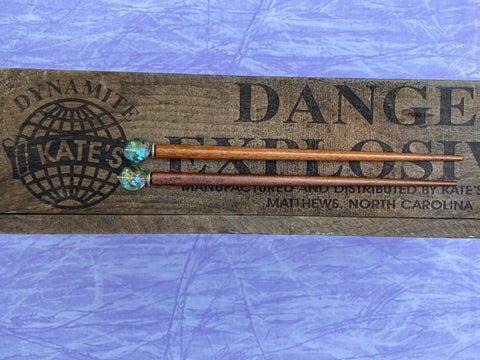 Round Faceted Iridescent Blue Gold Crystal Brown Hair Sticks