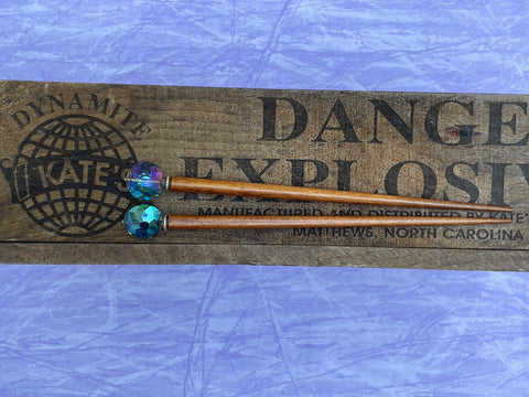 Round Faceted Iridescent Blue Gold Crystal Brown Hair Sticks