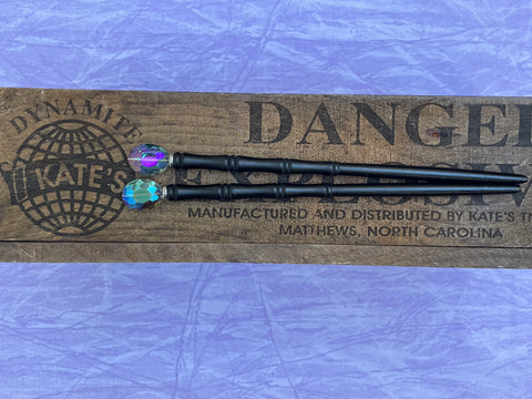 Faceted Oval Iridescent Blue Gold Crystal Black Hair Sticks