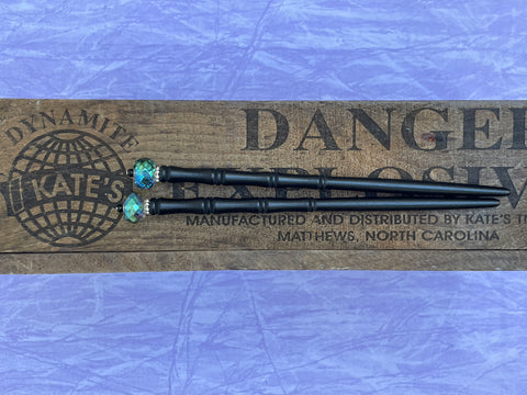 Faceted Blue Gold Crystal Rondelle Black Hair Sticks