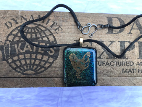 Gold Chicken on Iridescent Glass Pendant