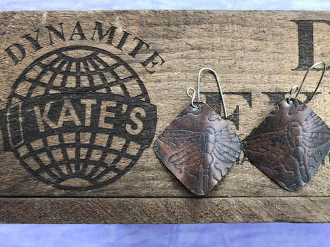 Flat Dragonfly Antique Look Copper Earrings