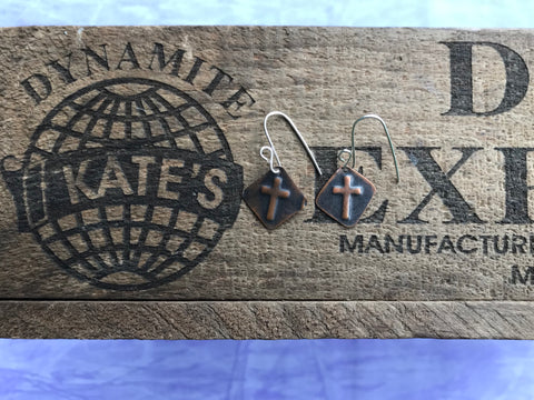 Small Cross Copper Antique Look Earrings