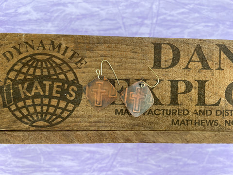 Cross Outline Antique Look Copper Earrings