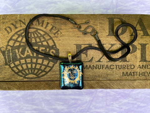Gold Smiling Sun on Iridescent Glass Pendant