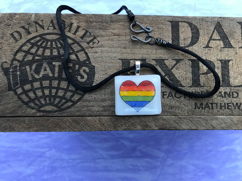 Rainbow Heart White Glass Pendant