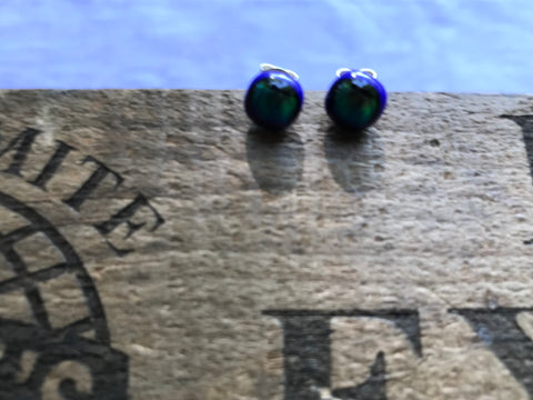 Goldish Green Dichroic on Cobalt Glass Post Earrings
