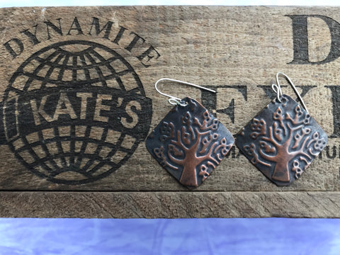 Modern Tree Open Leaves  Antique Look Copper Earrings