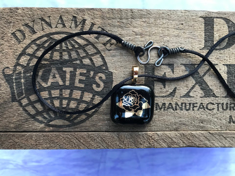 Gold Rose on Black Pendant