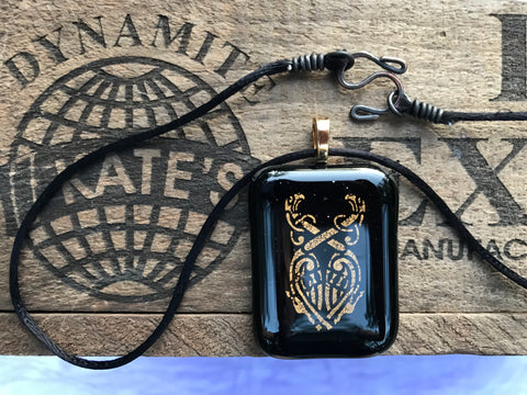 Gold Celtic Snakes and Heart on Black Glass Pendant