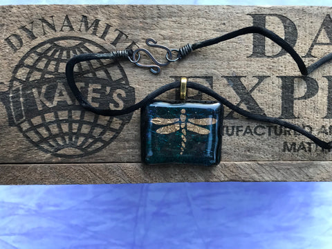 Gold Dragonfly on Iridescent Glass Pendant
