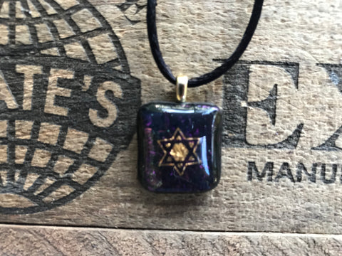 Gold Star of David on Iridescent Glass Pendant