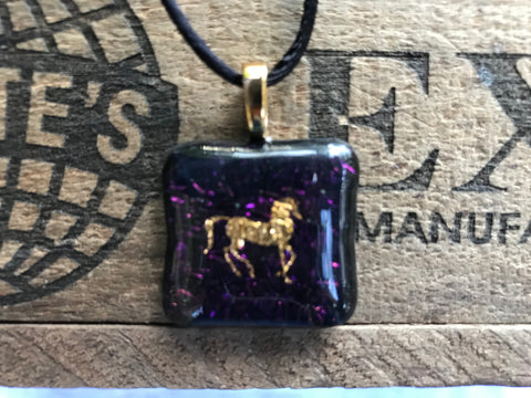 Gold Horse on Iridescent Glass Pendant