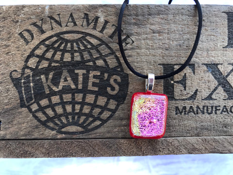 Pink Yellow Crinkle Dichroic on Red Glass Pendant