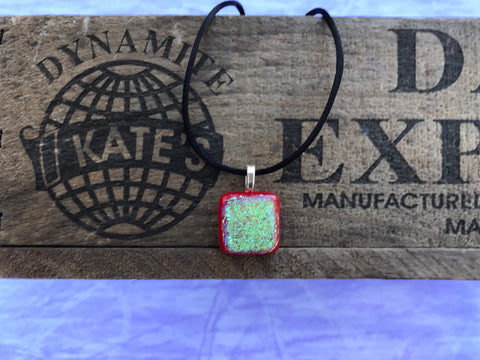 Green Crinkle Dichroic  on Red Glass Pendant