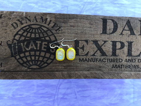 Green Pink Crinkle Dichroic on Yellow Glass Earrings