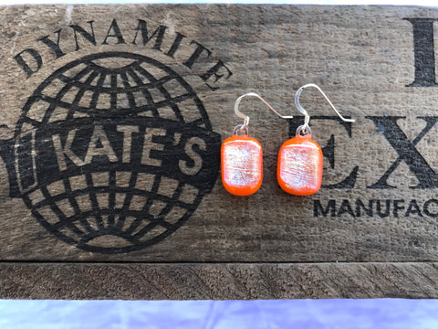 Silver Gold Yellow Pink Crinkle Dichroic on Orange Glass Earrings