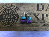 Teal Crinkle and Purple Dichroic Glass Earrings