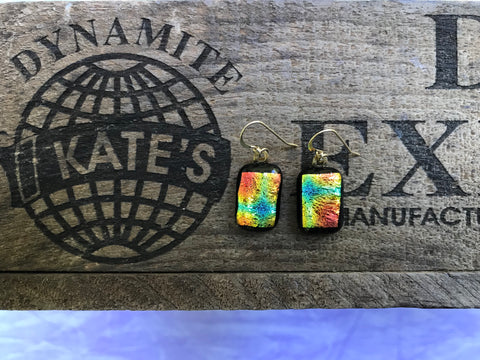 Orange Gold Green Blue Crinkle Tie Dye Dichroic Glass Earrings