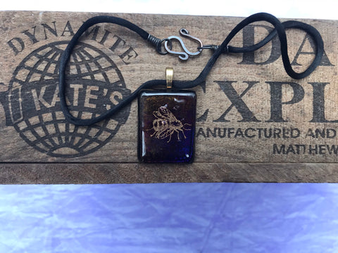 Gold Bee on Iridescent Glass Pendant