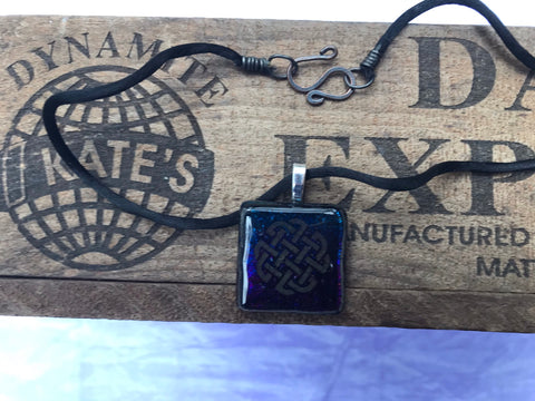 Gold Round Celtic Knots on Iridescent Glass Pendant