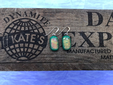 Yellow Pink Crinkle Dichroic on Green Glass Earrings