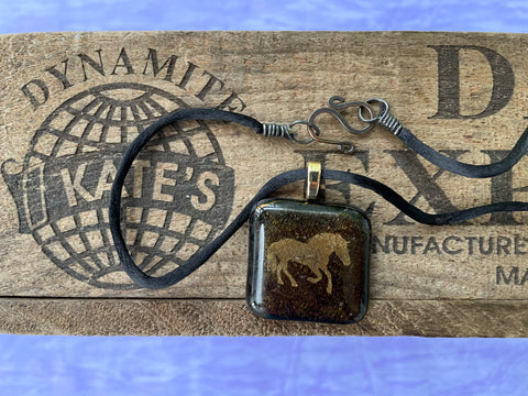 Gold Prancing Horse on Iridescent Glass Pendant