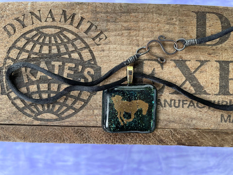 Gold Bucking Horse on Iridescent Glass Pendant