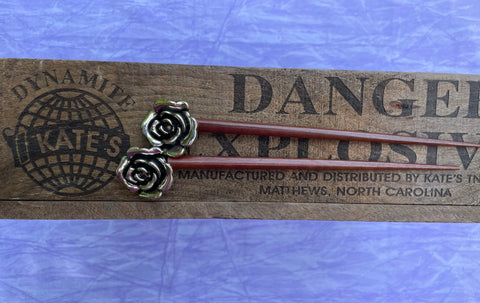 Silver Rose Brown Hair Sticks