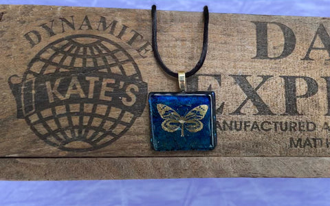 Gold Butterfly on Iridescent Glass Pendant