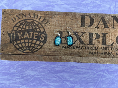 Teal Silver Crinkle Dichroic Glass Earrings
