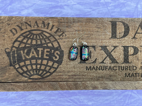 Pink Blue Green Striped Dichroic Glass Earrings